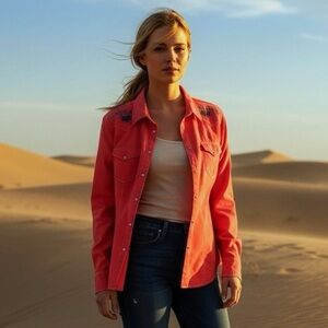 Ryan Michael Western Red Coral Embroidered Silk Snap Button-Up Collared Shirt XL